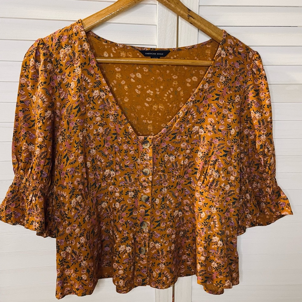American Eagle Womens Blouse S Small Mustard Floral Button Boho Flowy